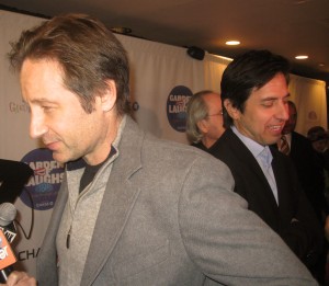 Actor David Duchovny and comedian Ray Romano speaking to the press