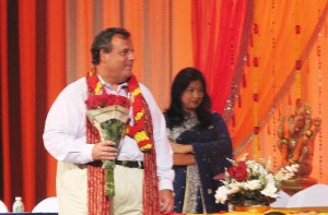 Governor Christie being thanks by the Indian community for his hard work with Dr. Kulkarni in the background.