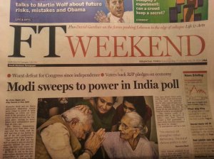 The Financial Times shows Modi seeking blessings from is 95 year old mother after winning the election as the cover story